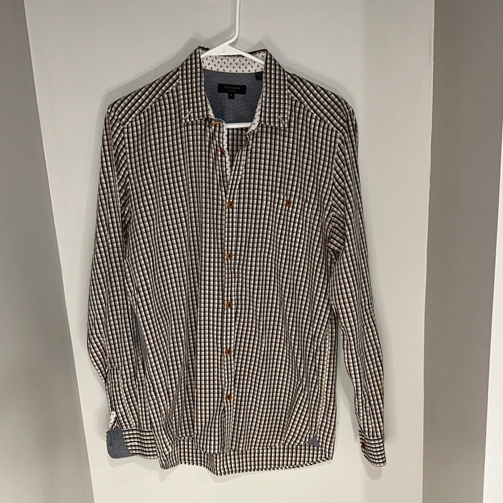 Ted Baker London Brown, Black, and White Floral Checkered Shirt. Size 4.
